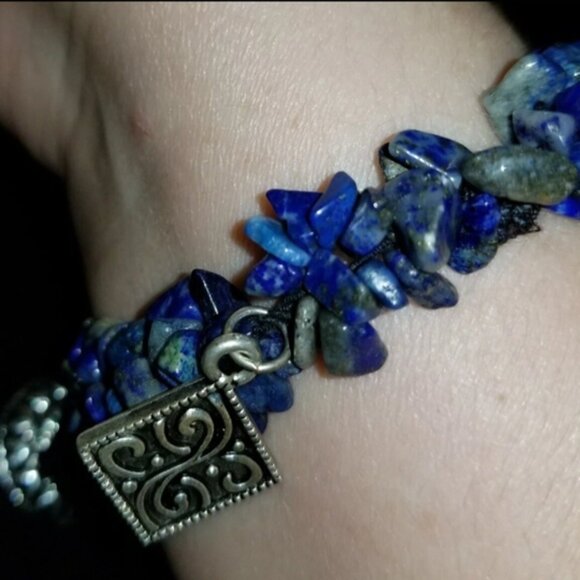 Elastic Lapis Lazuli Bracelet with Silver Accents - Picture 2 of 5